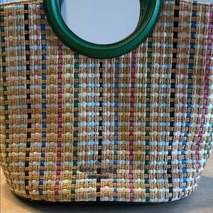 KATE SPADE Multicolor Woven Tote Bag with Green Handles